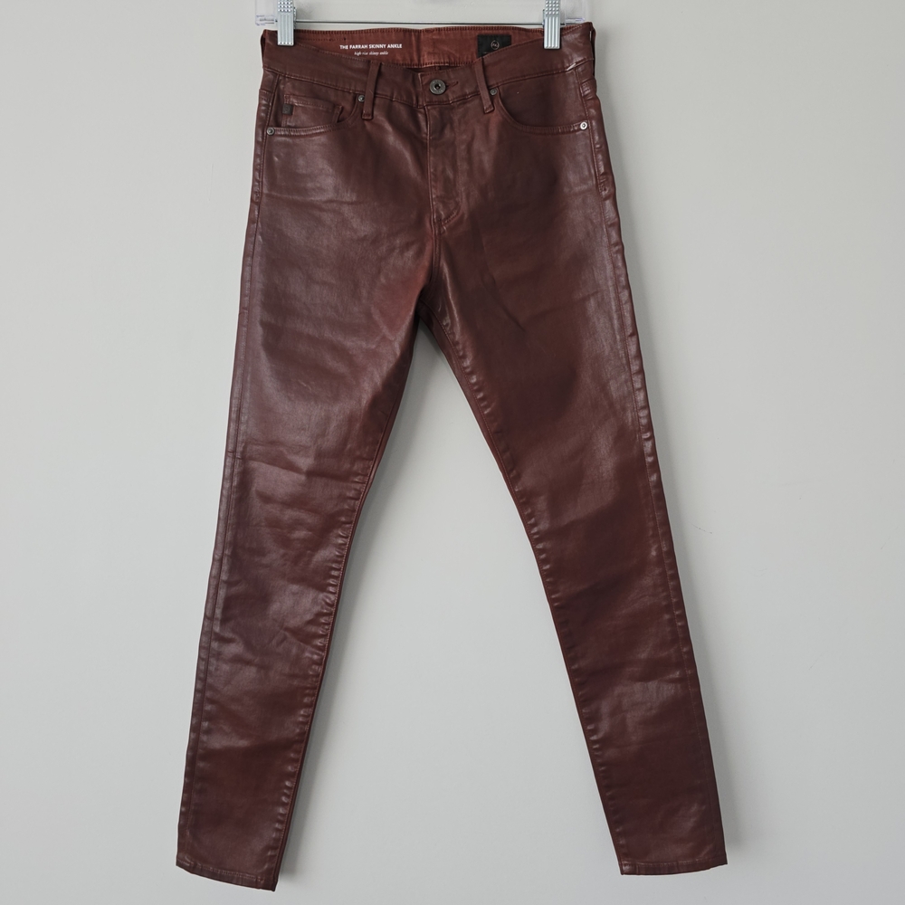 AG Farrah Coated Skinny Jeans 27 Cognac Brown Leather Look